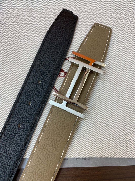 DOUBLE H BELT 32MM SILVER BUCKLE BLACK ETOUPE LEATHER