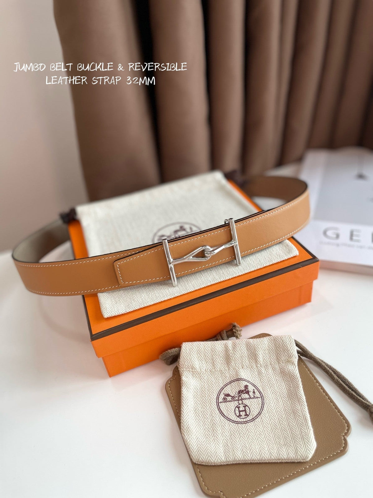 JUMBO BELT SILVER BUCKLE & REVERSIBLE CAMEL BROWN AND ORANGE LEATHER STRAP 32MM