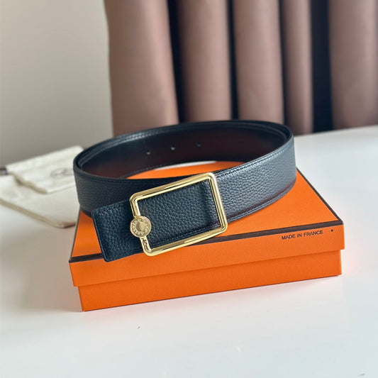 HM OSCAR BELT BUCKLE & REVERSIBLE BLACK LEATHER STRAP 38MM GOLD HARDWARE