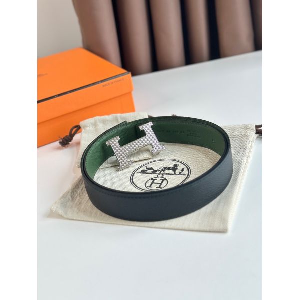 HERM H Guillochee Reversible Belt 32MM in Green and Black Epsom Calfskin