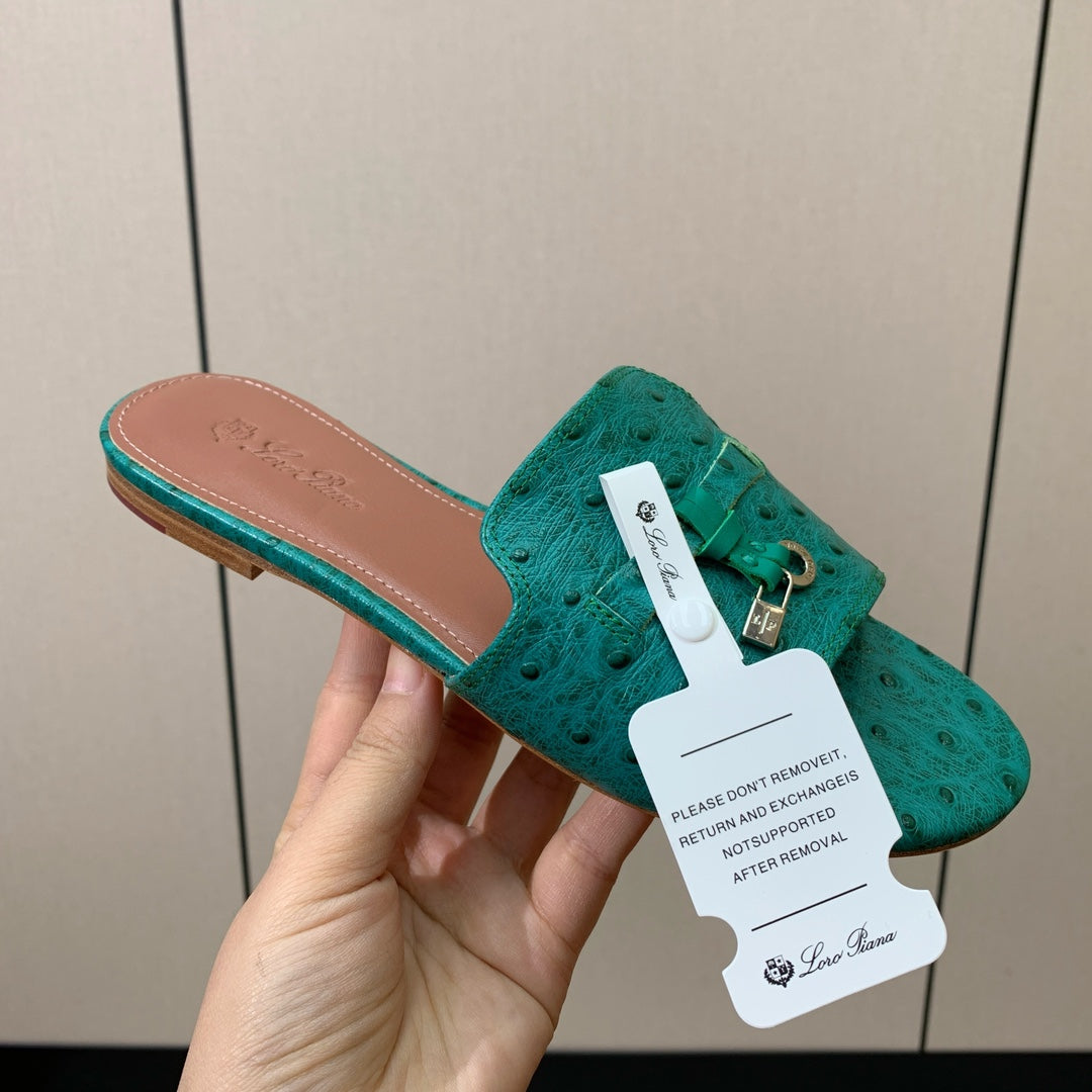 FLAT SLIPPERS IN TEAL GREEN LAMBSKIN OSTRICH SKIN