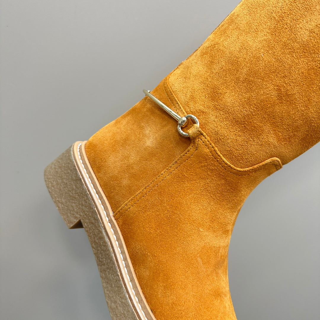 SLIM HORSEBIT KNEE BOOTS WITH WEB IN HONEY ORANGE SUEDE