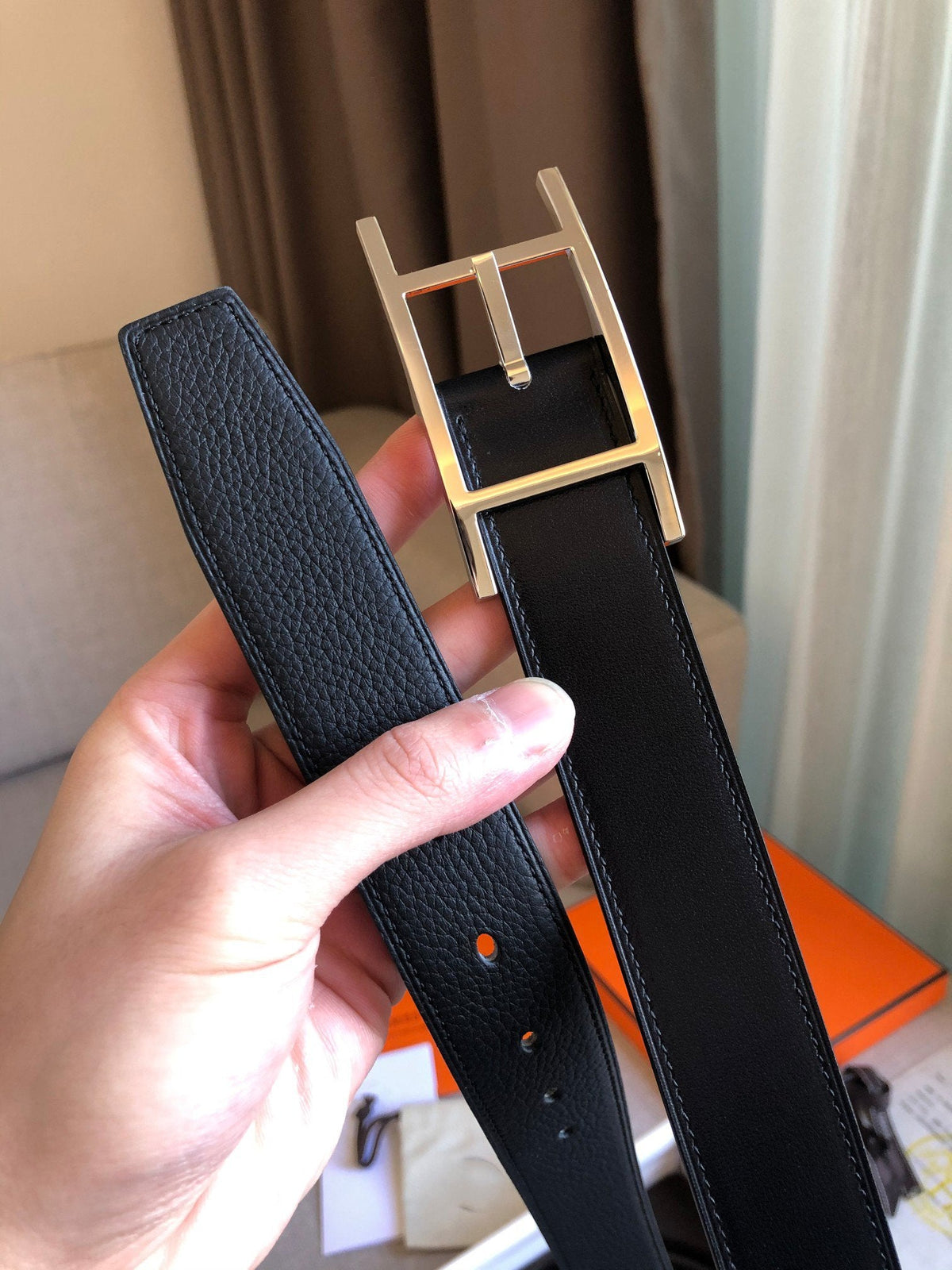 H BELT SILVER BLACK LEATHER REVERSIBLE 3.2CM