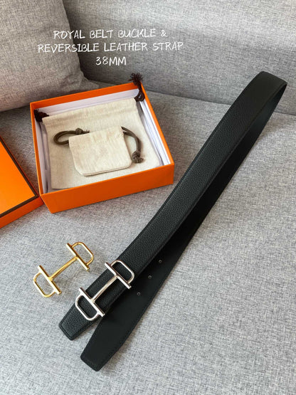 3.8CM  BELT H REVERSIBLE BLACK LEATHER