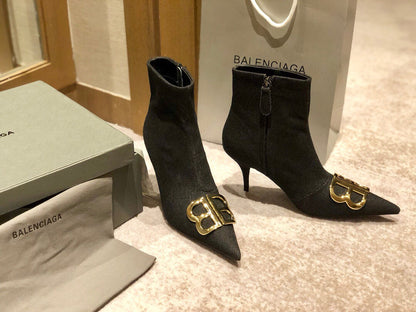 POINTED-TOE HIGH HEEL 80 MM ANKLE BOOTS IN BLACK DENIM