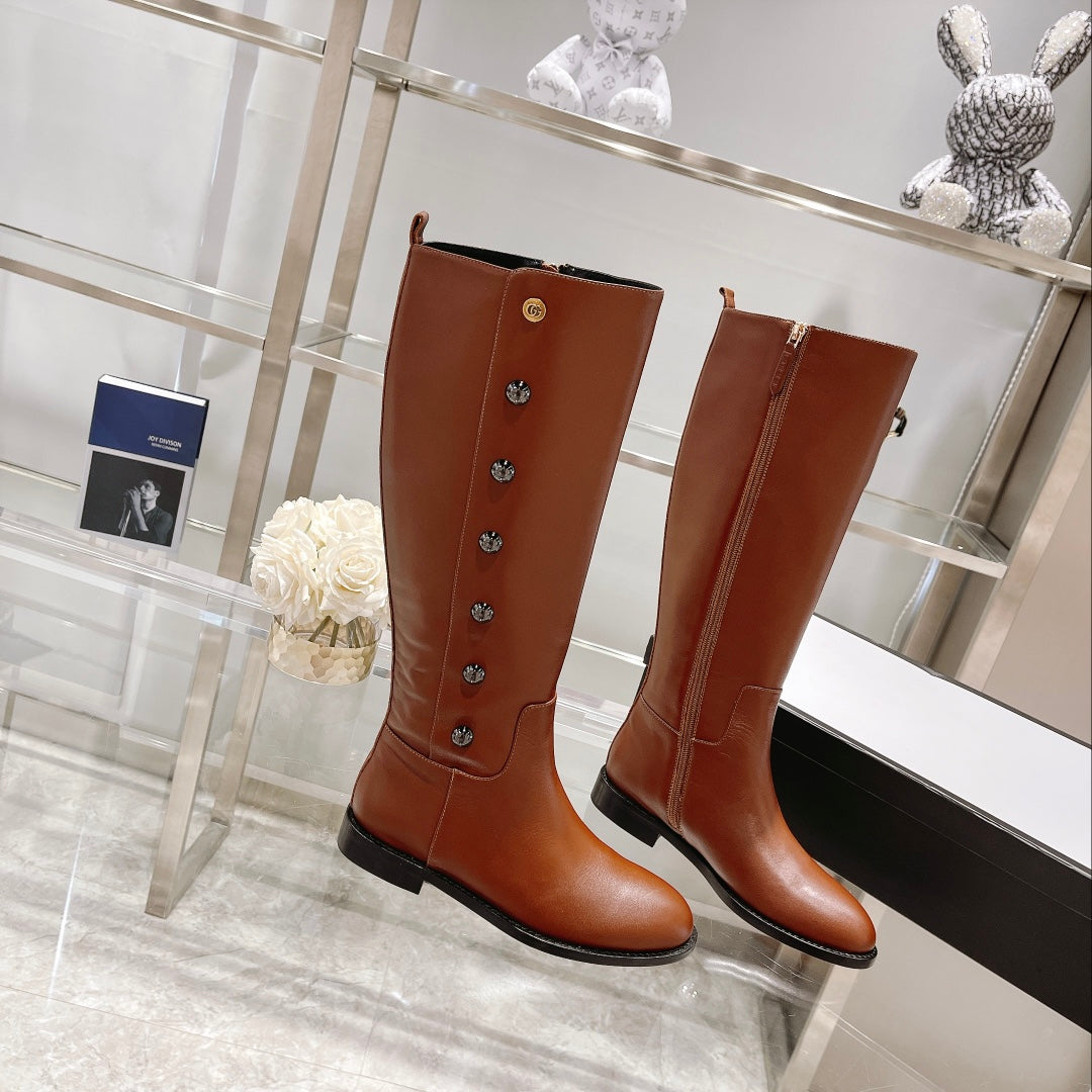 GG CLASSIC KNEE HIGH BOOTS IN BRONZE BROWN IMPORTED CALFSKIN