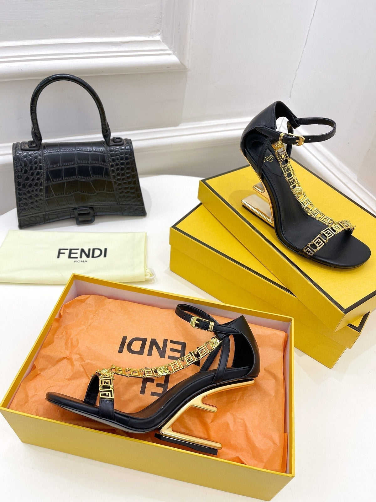FENDI HIGH-HEELED 85 MM SANDALS IN BLACK LAMBSKIN WITH GOLD HARDWARE