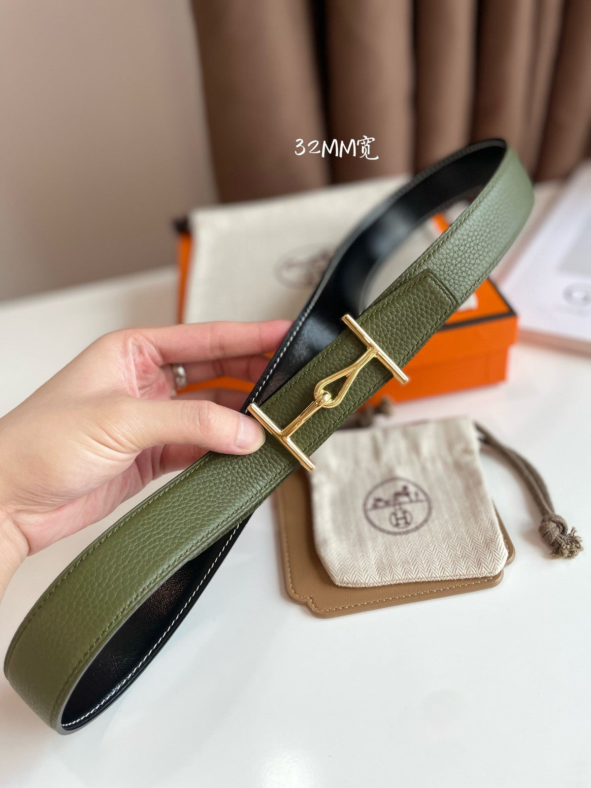 JUMBO BELT GOLD BUCKLE & REVERSIBLE OLIVE GREEN AND BLACK LEATHER STRAP 32MM