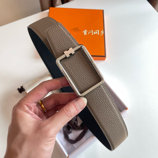 TUBE H BELT BUCKLE & REVERSIBLE KHAKI BROWN AND BLACK LEATHER STRAP 38MM SILVER HARDWARE