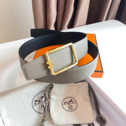 TUBE H BELT BUCKLE & REVERSIBLE KHAKI BROWN AND BLACK LEATHER STRAP 38MM GOLD HARDWARE