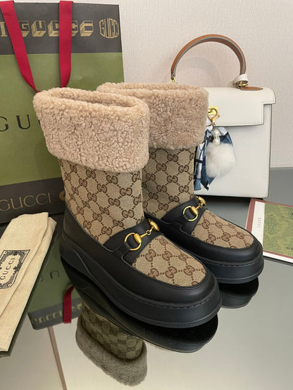 HORSEBIT SNOW ANKLE BOOTS IN ECRU BEIGE MONOGRAM JACQUARD FABRIC MIX BLACK CALFSKIN AND LAMB WOOL LINING