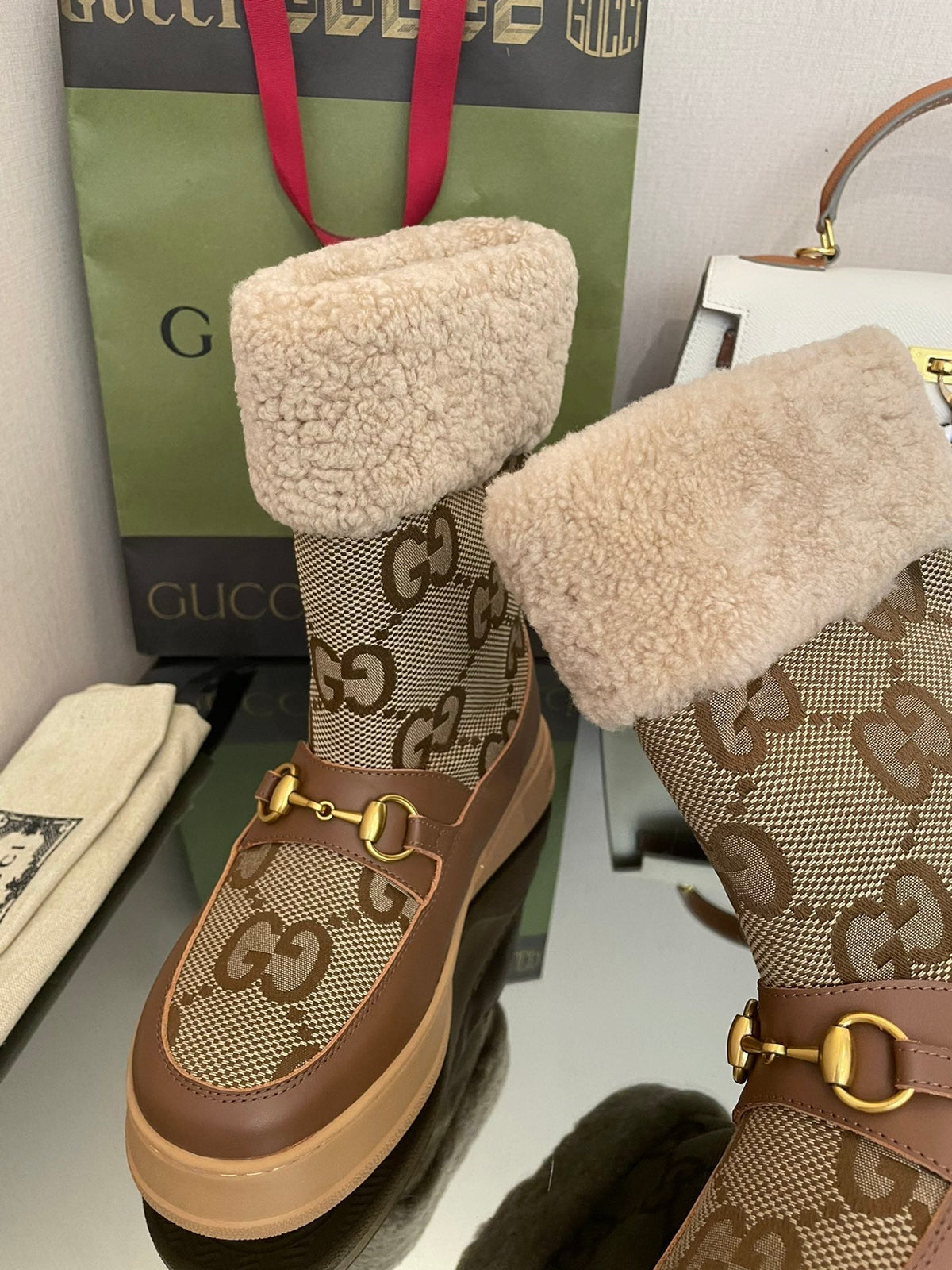 HORSEBIT SNOW ANKLE BOOTS IN ECRU BEIGE MONOGRAM JACQUARD FABRIC MIX BROWN CALFSKIN AND LAMB WOOL LINING