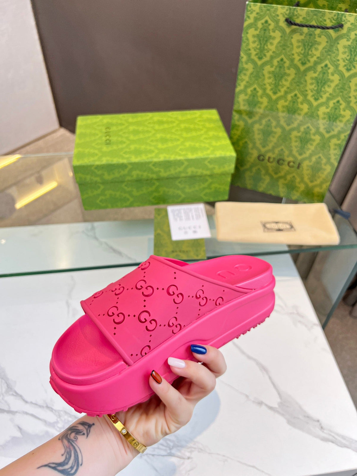 PLATFORM SANDALS IN BRIGHT PINK MONOGRAM IMPORTED TPU