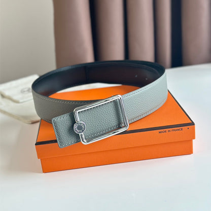 HM OSCAR BELT BUCKLE & REVERSIBLE BLACK AND ASH GREY LEATHER STRAP 38MM SILVER HARDWARE