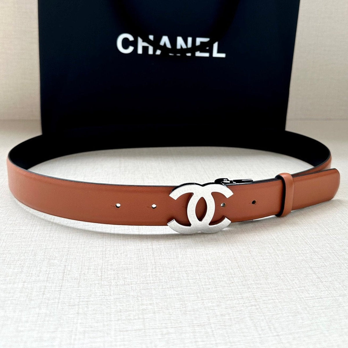CC 30MM BELT IN BRONZE BROWN AND BLACK CALFSKIN WITH SILVER HARDWARE