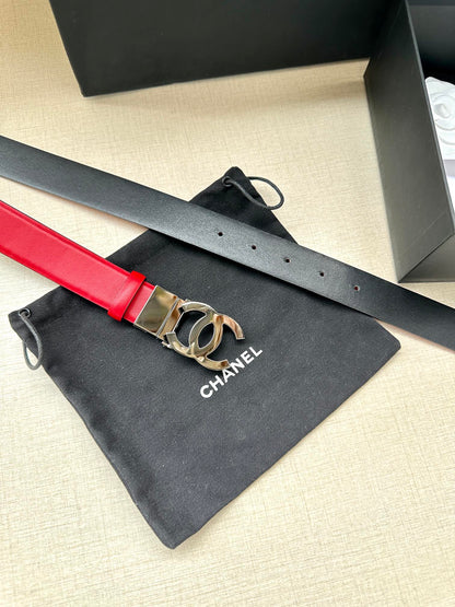 CC 30MM BELT IN CHERRY RED AND BLACK CALFSKIN WITH GOLD HARDWARE