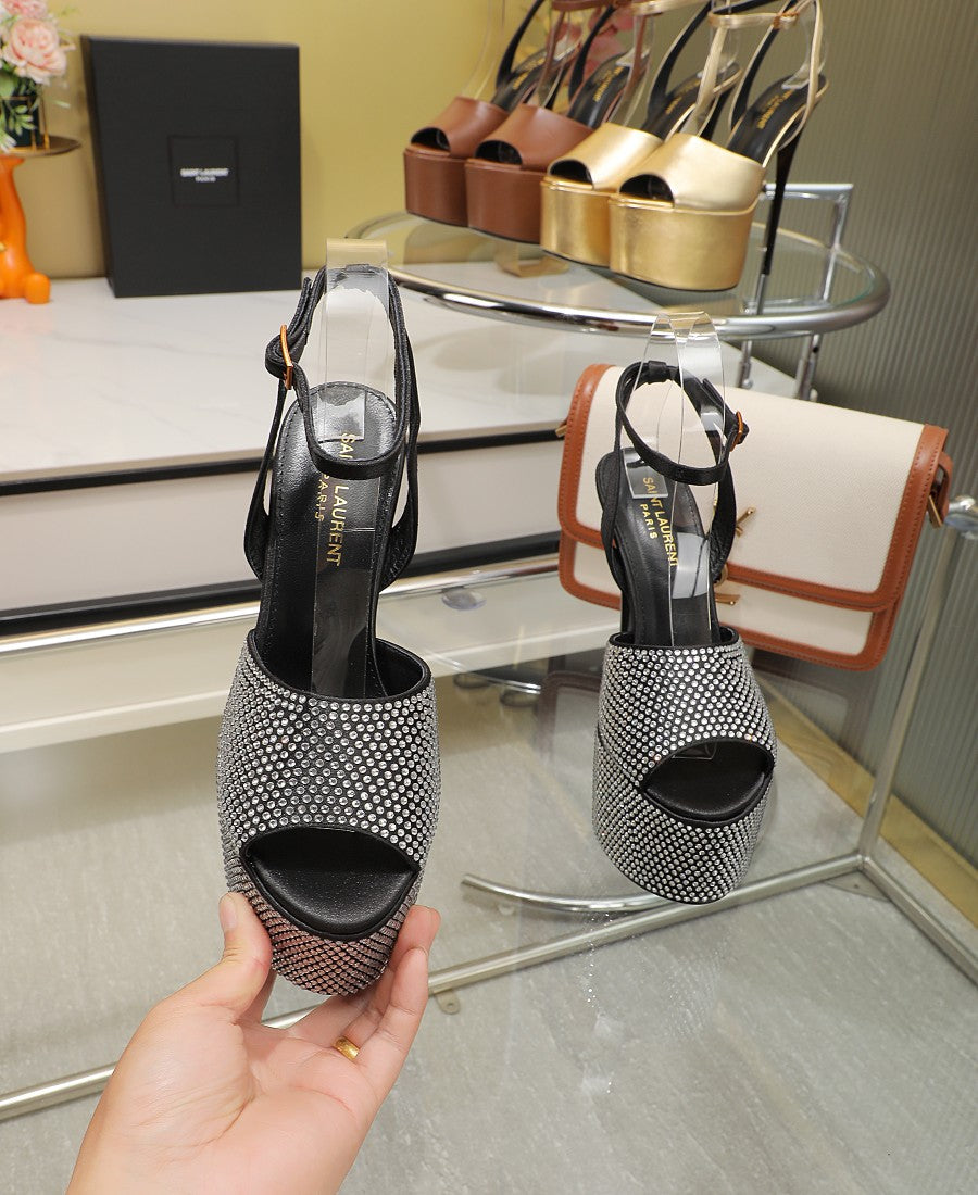 SL SUPER HIGH HEELS SANDAL BLACK SATIN-WHITE CRYSTAL