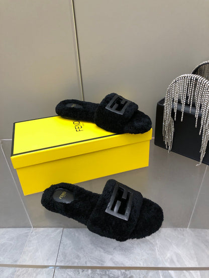 FENDI BAGUETTE SLIDE SLIPPERS IN BLACK WOOL