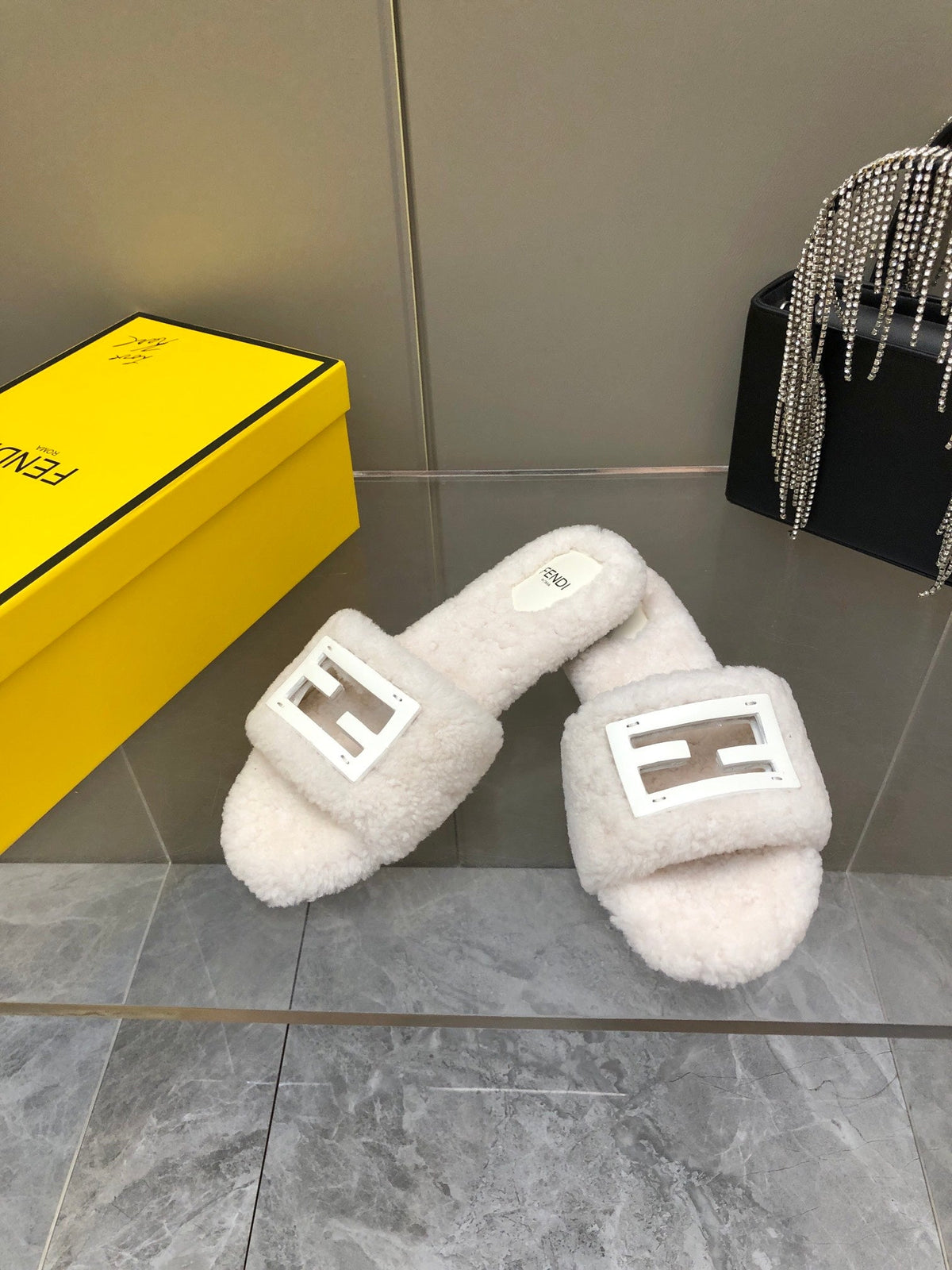 FENDI BAGUETTE SLIDE SLIPPERS IN WHITE WOOL