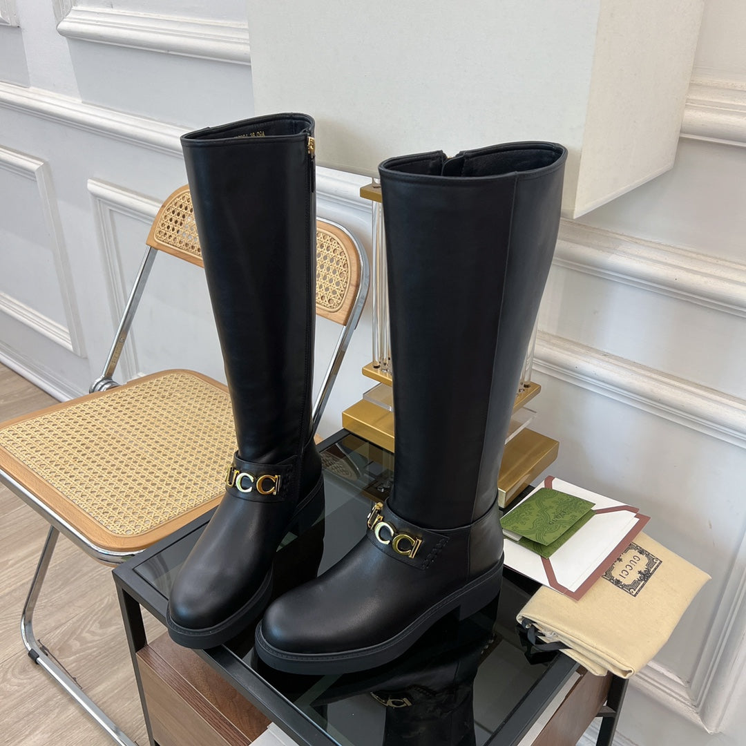GG CLASSIC LOGO KNEE HIGH BOOTS IN BLACK CALFSKIN