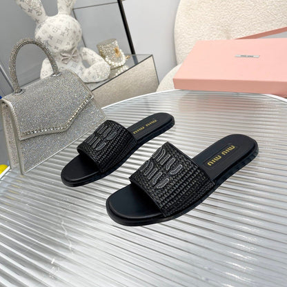 Slippers Black Leather With Sedge Straps