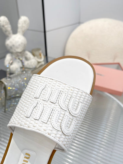 Slippers White Leather With Sedge Straps