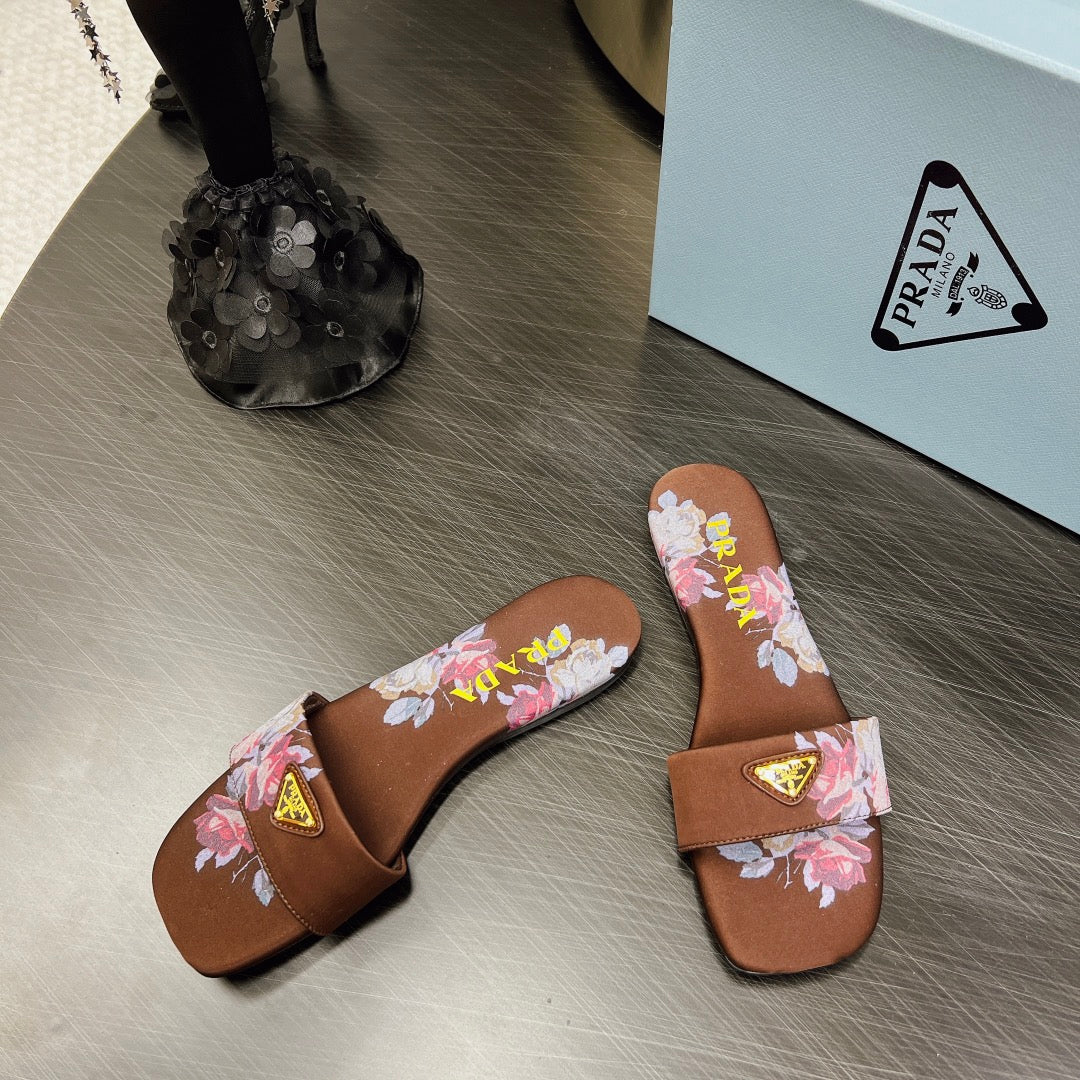 PRA PRINTED SLIDES SLIPPERS CINNAMON SATIN