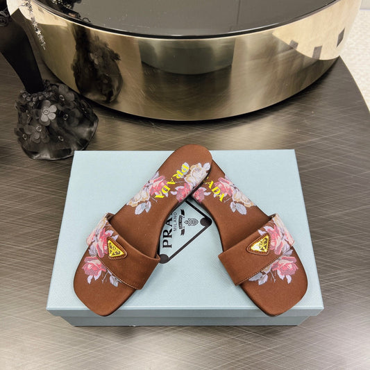 PRA PRINTED SLIDES SLIPPERS CINNAMON SATIN
