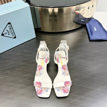PRA TRIANGLE HEEL FLOWER MOTIF SATIN SANDALS WHITE