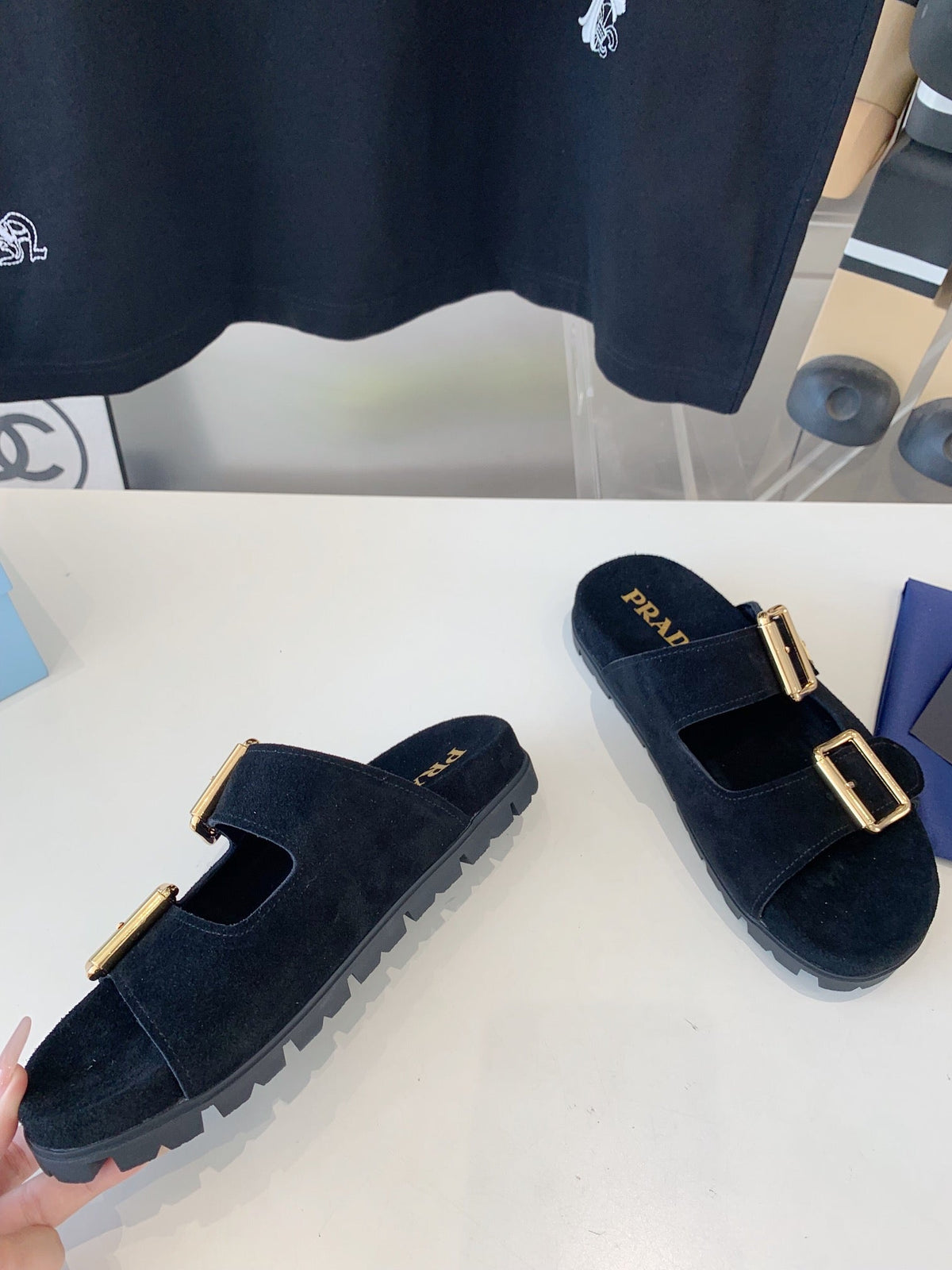 PRA STRAP SLIDES SANDALS BLACK SUEDE