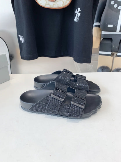 BIRKENSTOCK SLIPPERS ATTACHED RHINESTONES IN BLACK CALFSKIN
