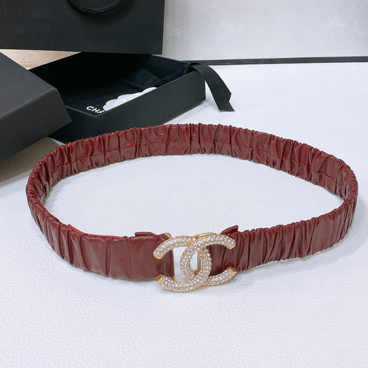 CC ELASTIC BELT 30MM IN WINE RED CALFSKIN GOLD HARDWARE WITH RHINSTONES