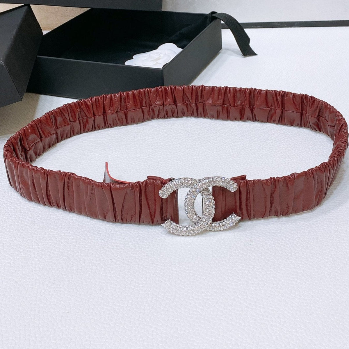 CC ELASTIC BELT 30MM IN WINE RED CALFSKIN SILVER HARDWARE WITH RHINSTONES