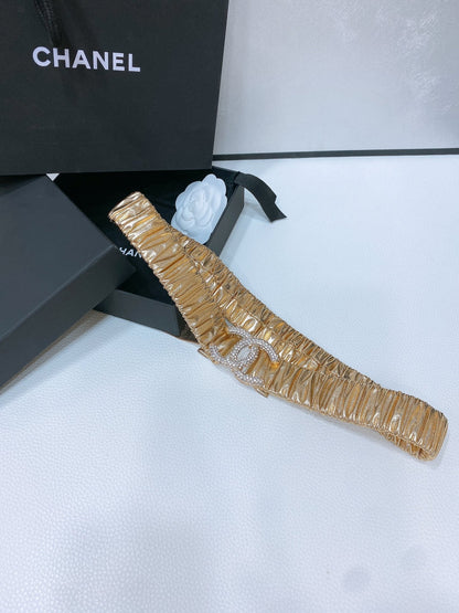 CC ELASTIC BELT 30MM IN GOLD CALFSKIN GOLD HARDWARE WITH RHINSTONES