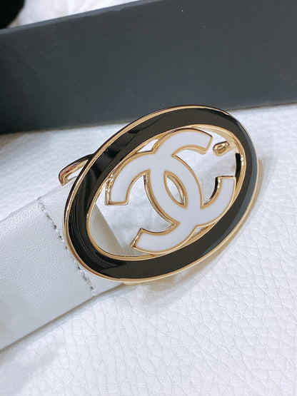 CC 30MM BELT IN WHITE SMOOTH CALFSKIN WHITE MIX BLACK METAL HARDWARE