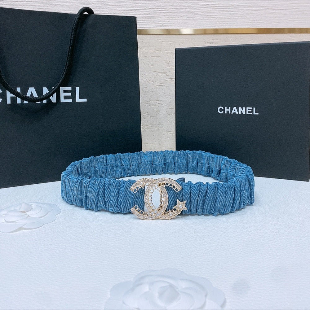 DOUBLE C ELASTIC BELT 30MM IN BLUE DENIM GOLD CRYSTAL STAR EMBELLISHED BUCKLE