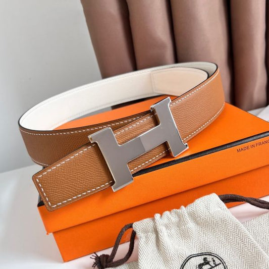 HERM Constance Reversible Belt 38MM in Gold and White Epsom Calfskin