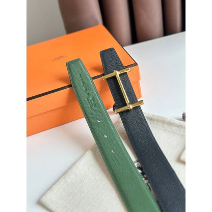 HERM H d'Ancre Reversible Belt 32MM in Black and Green Epsom Calfskin