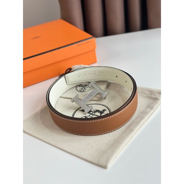 HERM H Guillochee Reversible Belt 32MM in Gold and White Epsom Calfskin