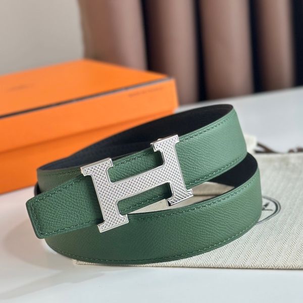 HERM H Guillochee Reversible Belt 32MM in Green and Black Epsom Calfskin