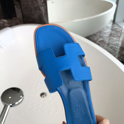HERM Oran Slide Sandals In Blue Hydra Epsom Calfskin