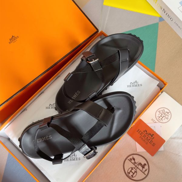 HERM Inboard Sandals in Black Leather and Ribbon