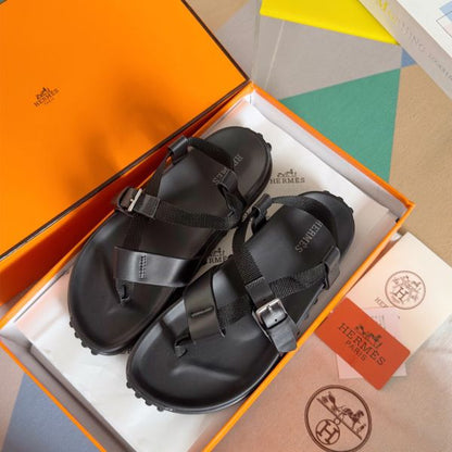HERM Inboard Sandals in Black Leather and Ribbon