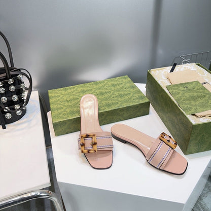 GG BAMBOO BUCKLE FLAT SANDALS BEIGE