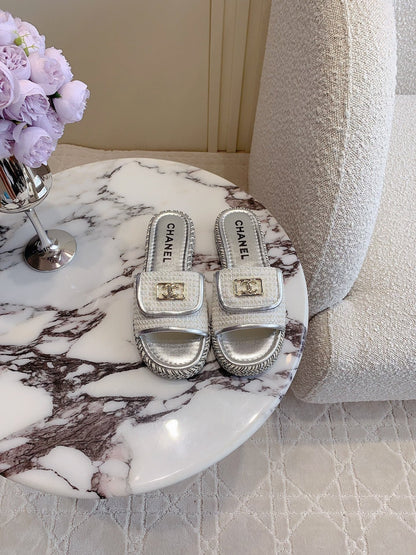 PLATFORM SLIPPERS IN SILVER WOOL AND LAMBSKIN