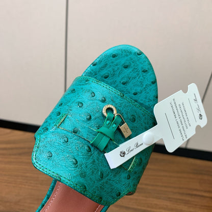 FLAT SLIPPERS IN TEAL GREEN LAMBSKIN OSTRICH SKIN