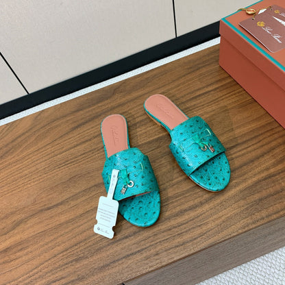 FLAT SLIPPERS IN TEAL GREEN LAMBSKIN OSTRICH SKIN
