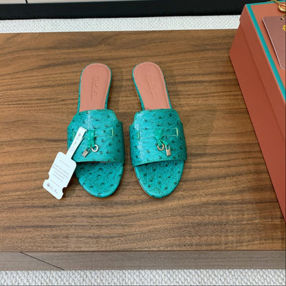 FLAT SLIPPERS IN TEAL GREEN LAMBSKIN OSTRICH SKIN