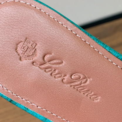 FLAT SLIPPERS IN TEAL GREEN LAMBSKIN OSTRICH SKIN