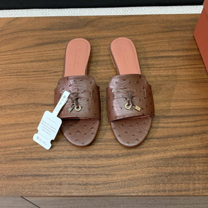 FLAT SLIPPERS IN BROWN LAMBSKIN OSTRICH SKIN